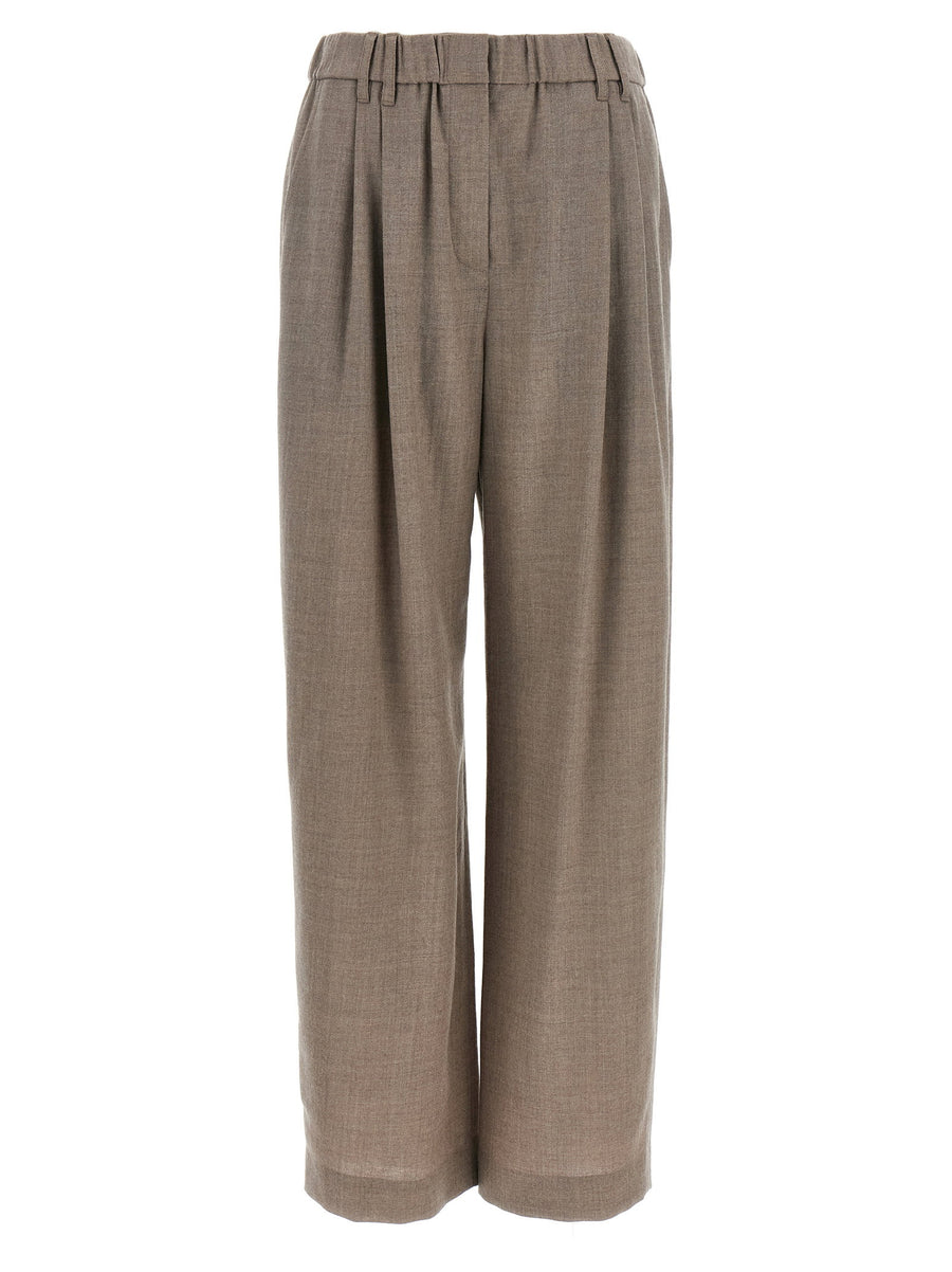 Brunello Cucinelli Wide-Leg Virgin Wool Trousers — Taupe