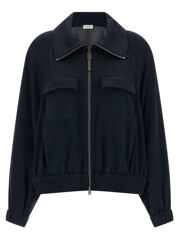 Brunello Cucinelli Cotton-Silk Interlock Sweatshirt — Navy