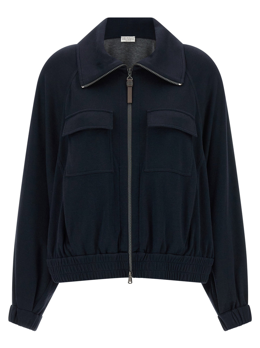 Brunello Cucinelli Cotton-Silk Interlock Sweatshirt — Navy