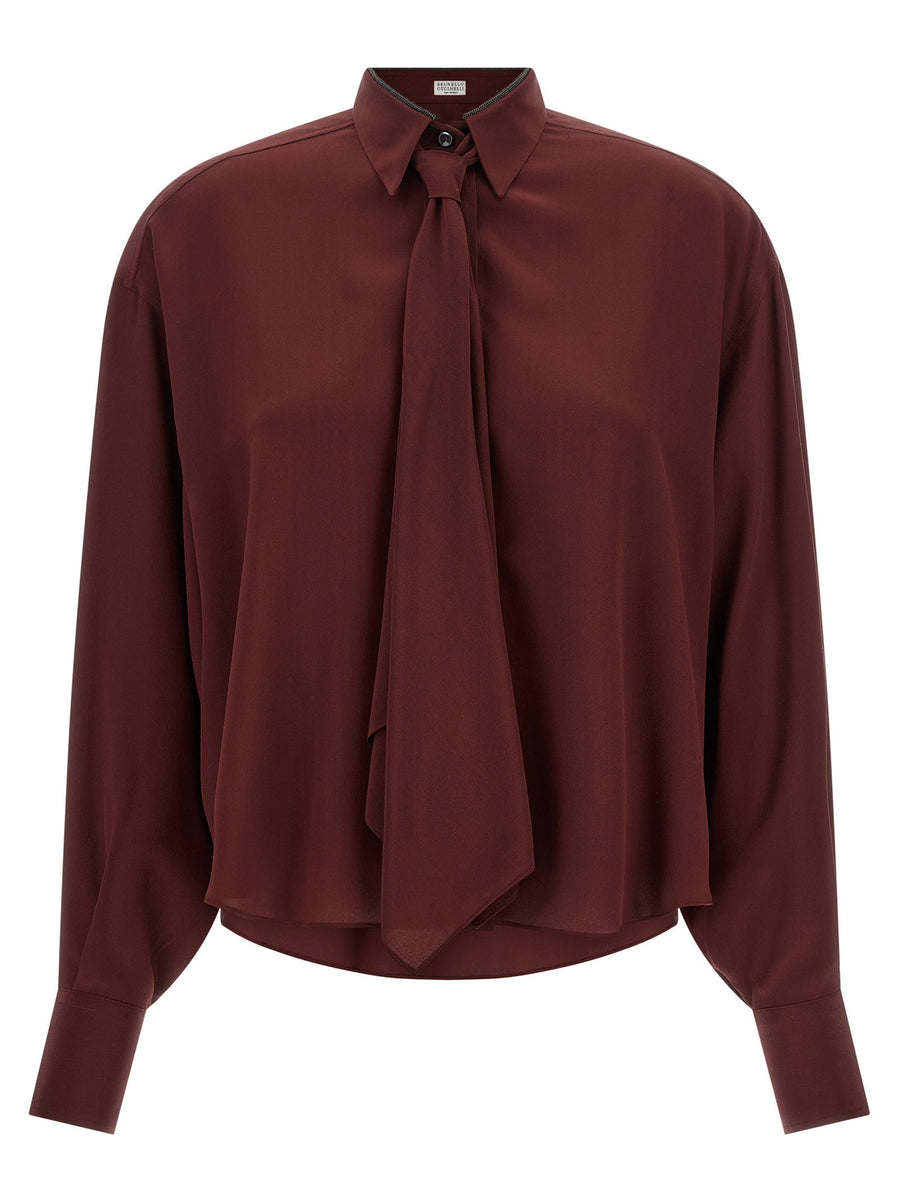 Brunello Cucinelli Silk with Removable Tie Shirt — Burgundy