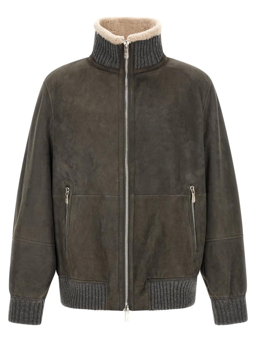 Brunello Cucinelli Shearling-Lined Lambskin Jacket — gray