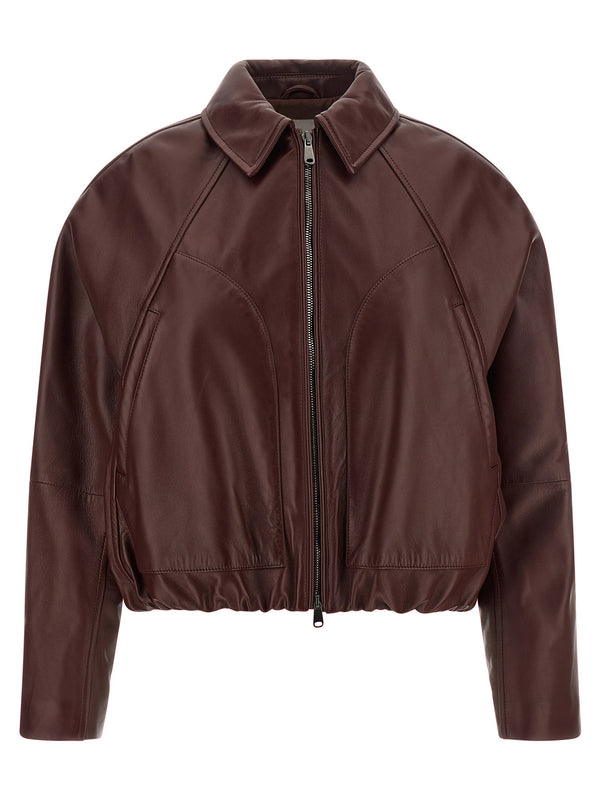 Brunello Cucinelli Nappa leather with tone-on-tone silk blend lining jacket in brown