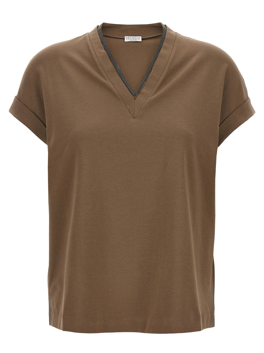 Brunello Cucinelli Monile V-Neck Cotton T-shirt — Taupe