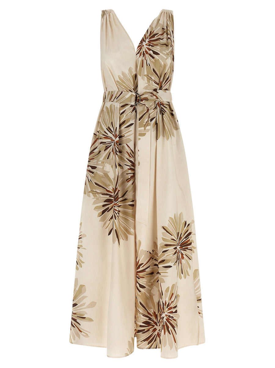 Brunello Cucinelli Dahlia Bloom Print Cotton Dress — Beige