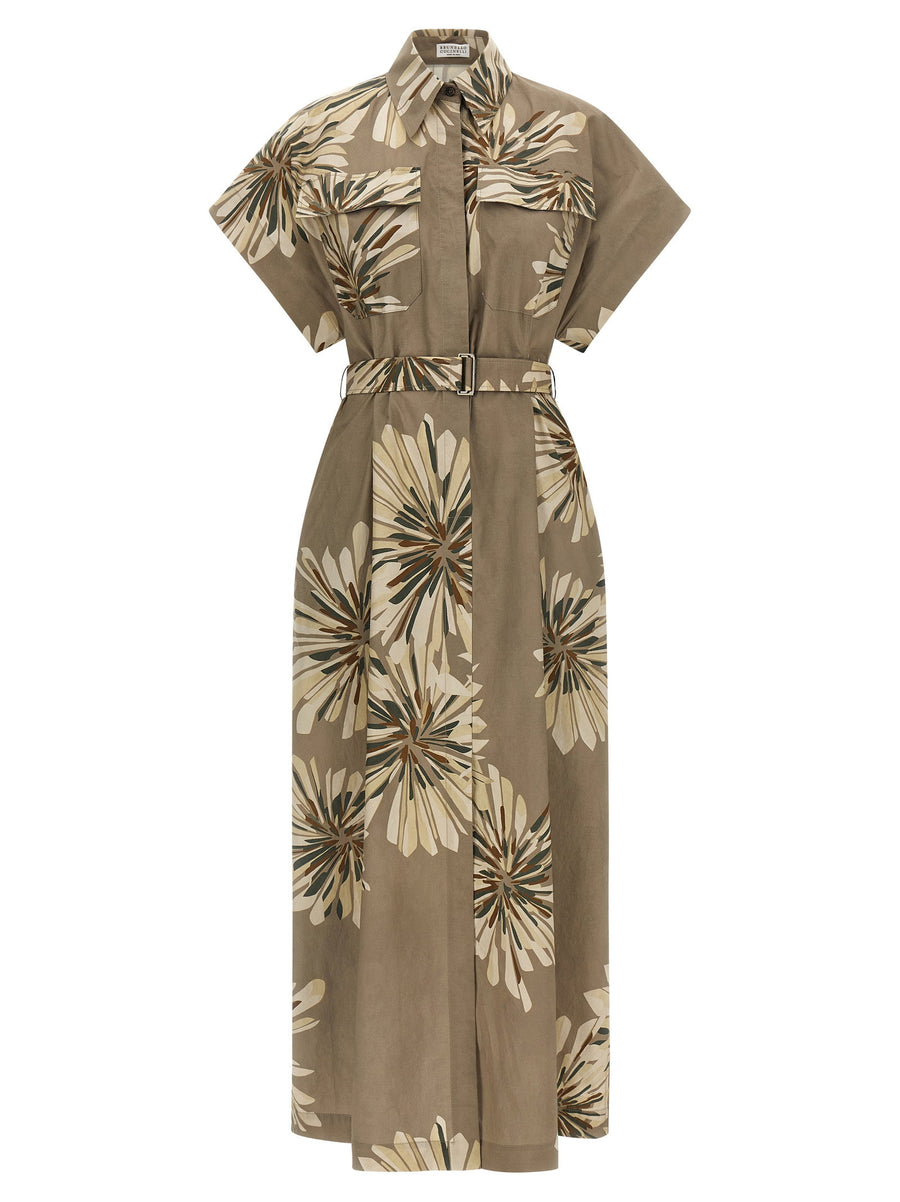 Brunello Cucinelli Floral-Print Cotton Poplin Dress — Sage
