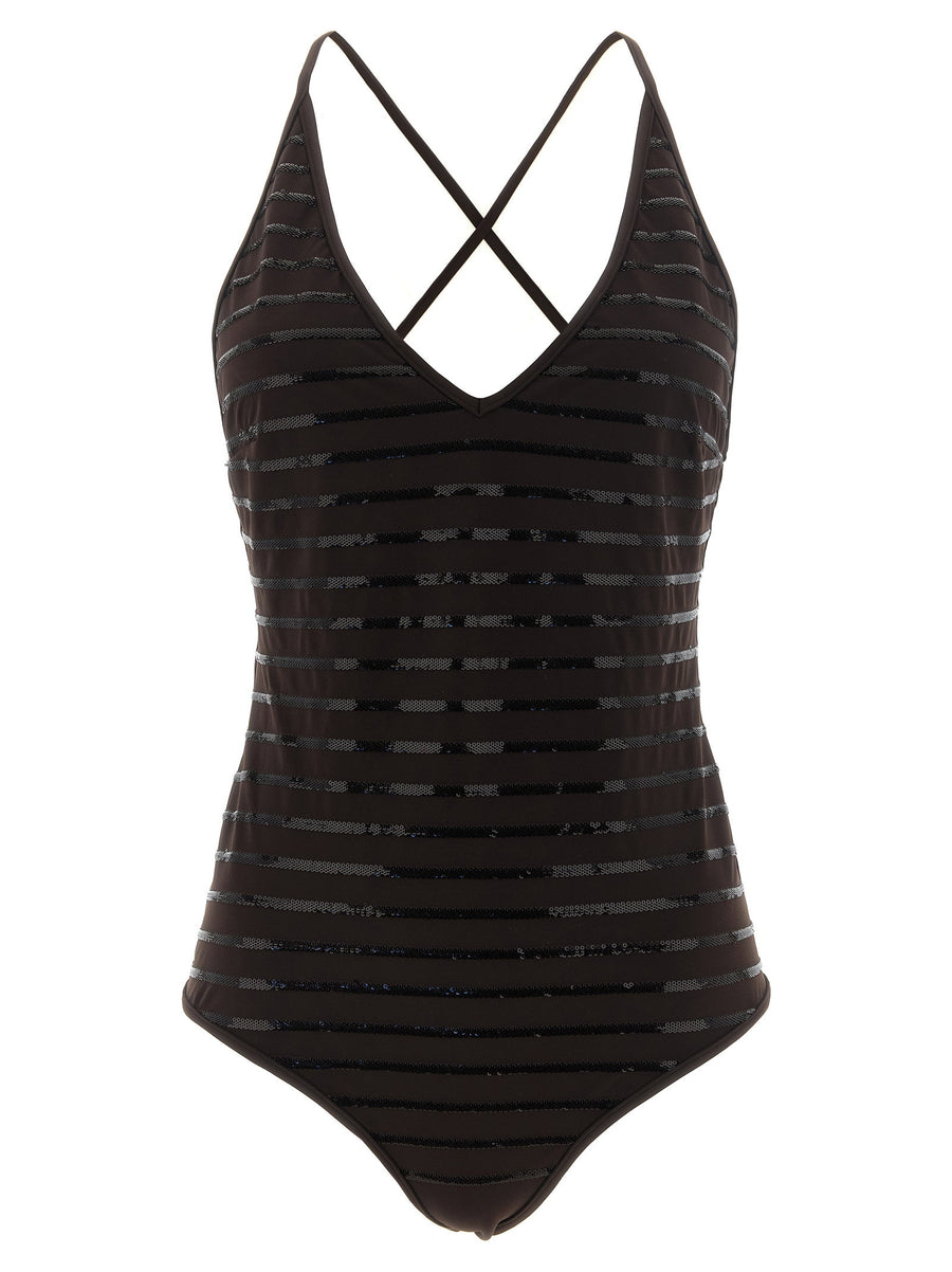 Brunello Cucinelli Sequin-Striped One-Piece Swimsuit — Black
