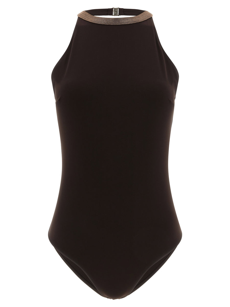 Brunello Cucinelli Precious Collar One-Piece Swimsuit — Black
