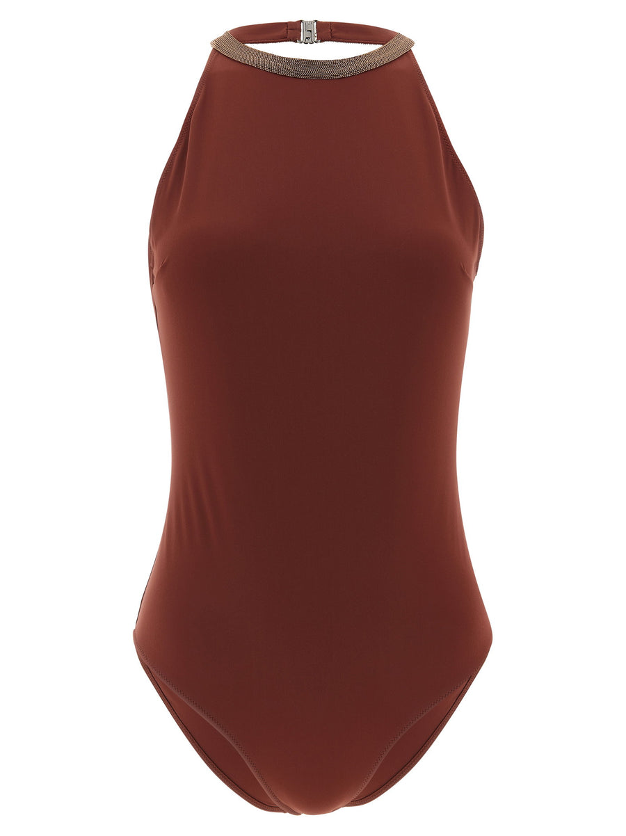 Brunello Cucinelli Precious Collar One-Piece Swimsuit — Burgundy