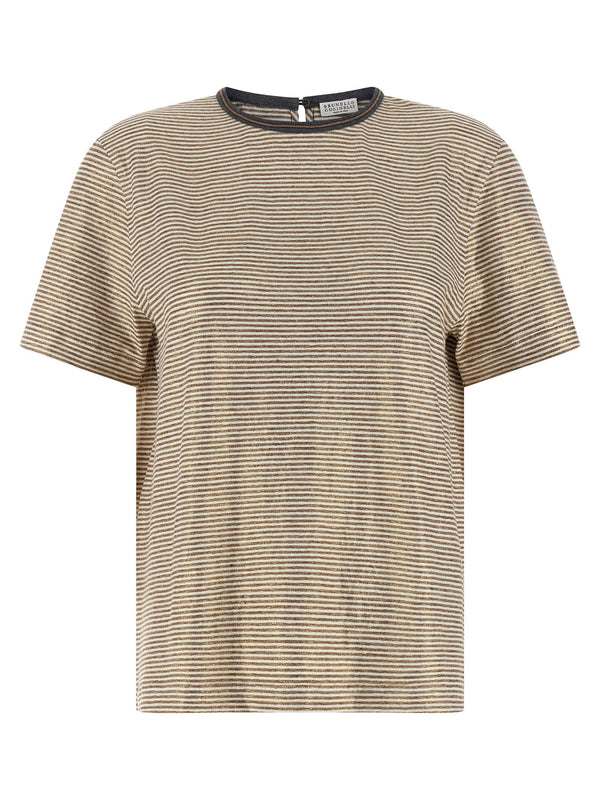 تيشيرت Brunello Cucinelli مطاطي كتان قميص مقلم — بيج