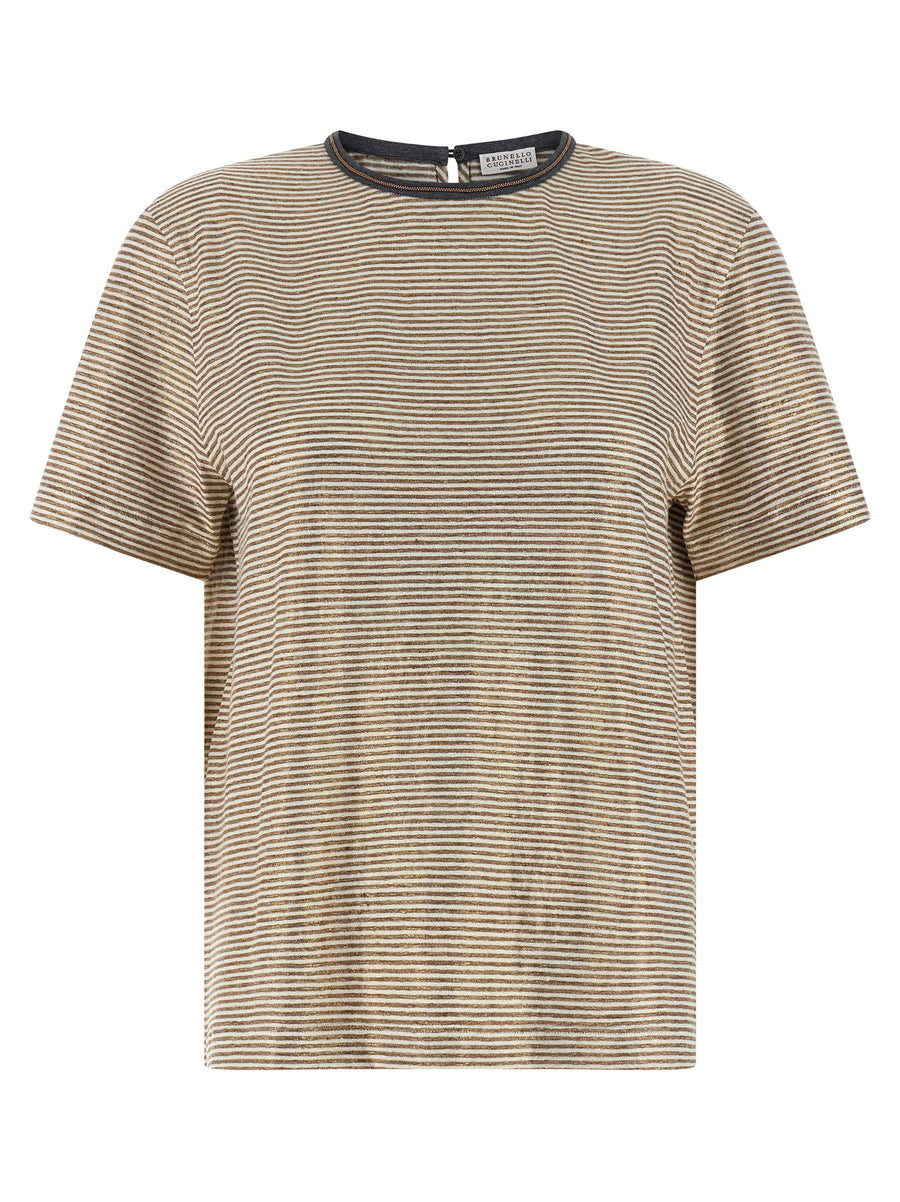 Brunello Cucinelli Striped Stretch Linen T-shirt — Beige