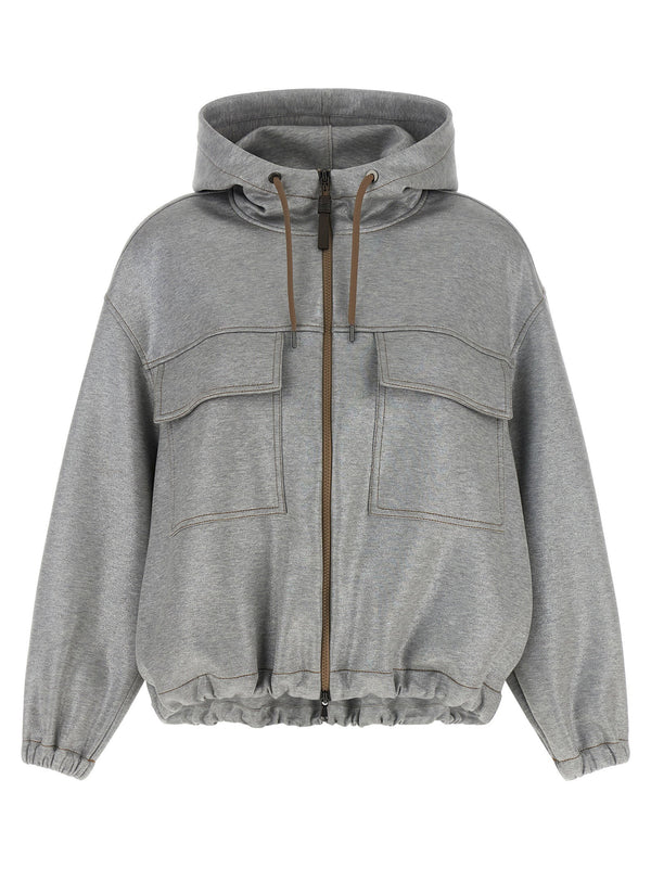 Brunello Cucinelli Mélange Cotton Metallic Yarn Bomber Jacket — Gray