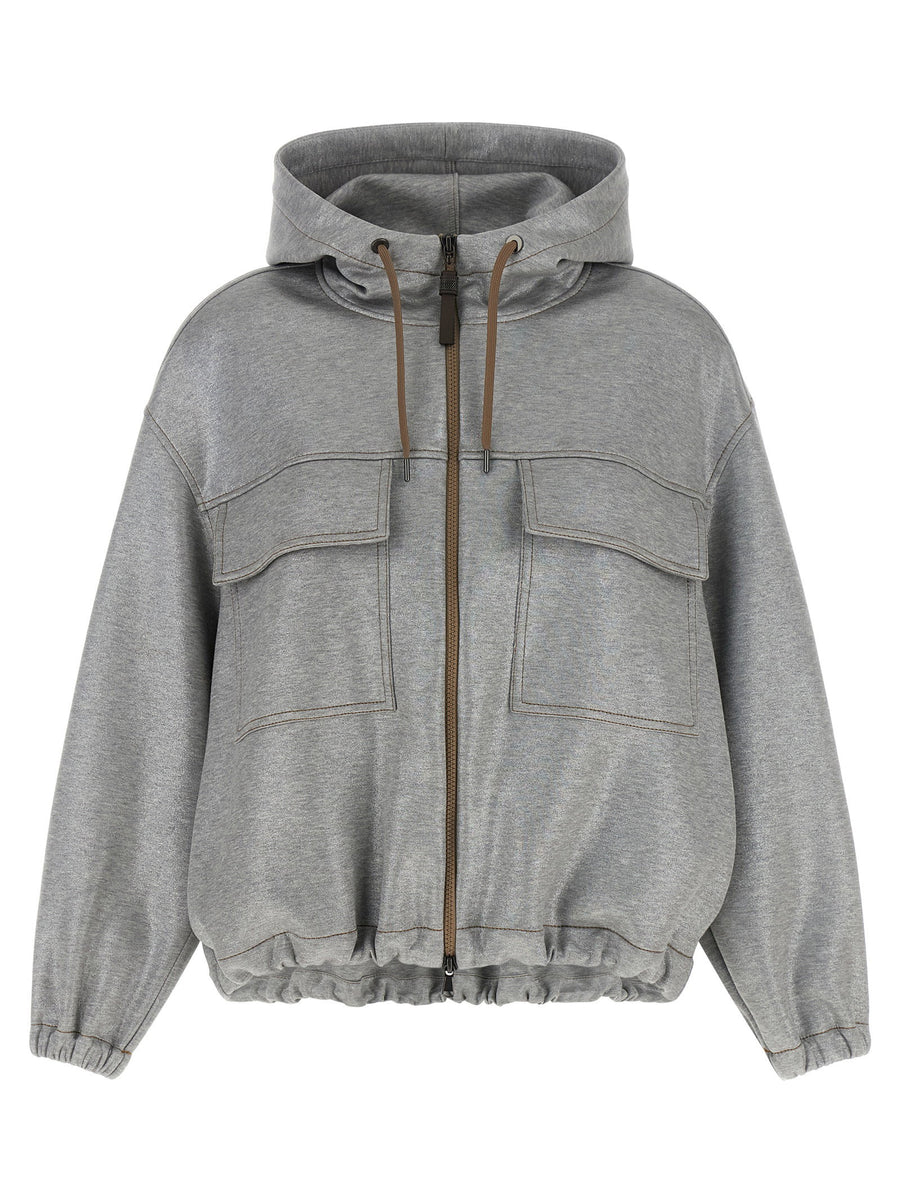 Brunello Cucinelli Mélange Cotton Metallic Yarn Bomber Jacket — Gray