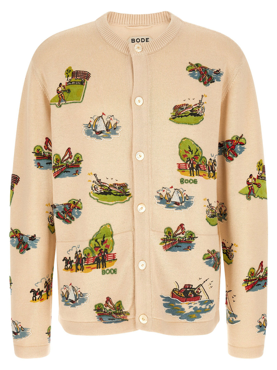 Bode Beaded Camp-Print Cardigan — Cream