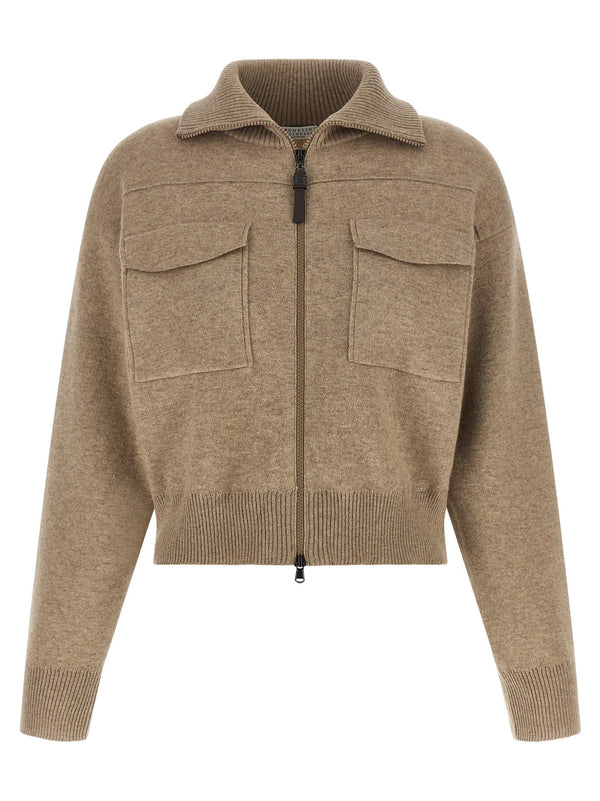 Brunello Cucinelli صوف توب قصير كارديغان — بيج