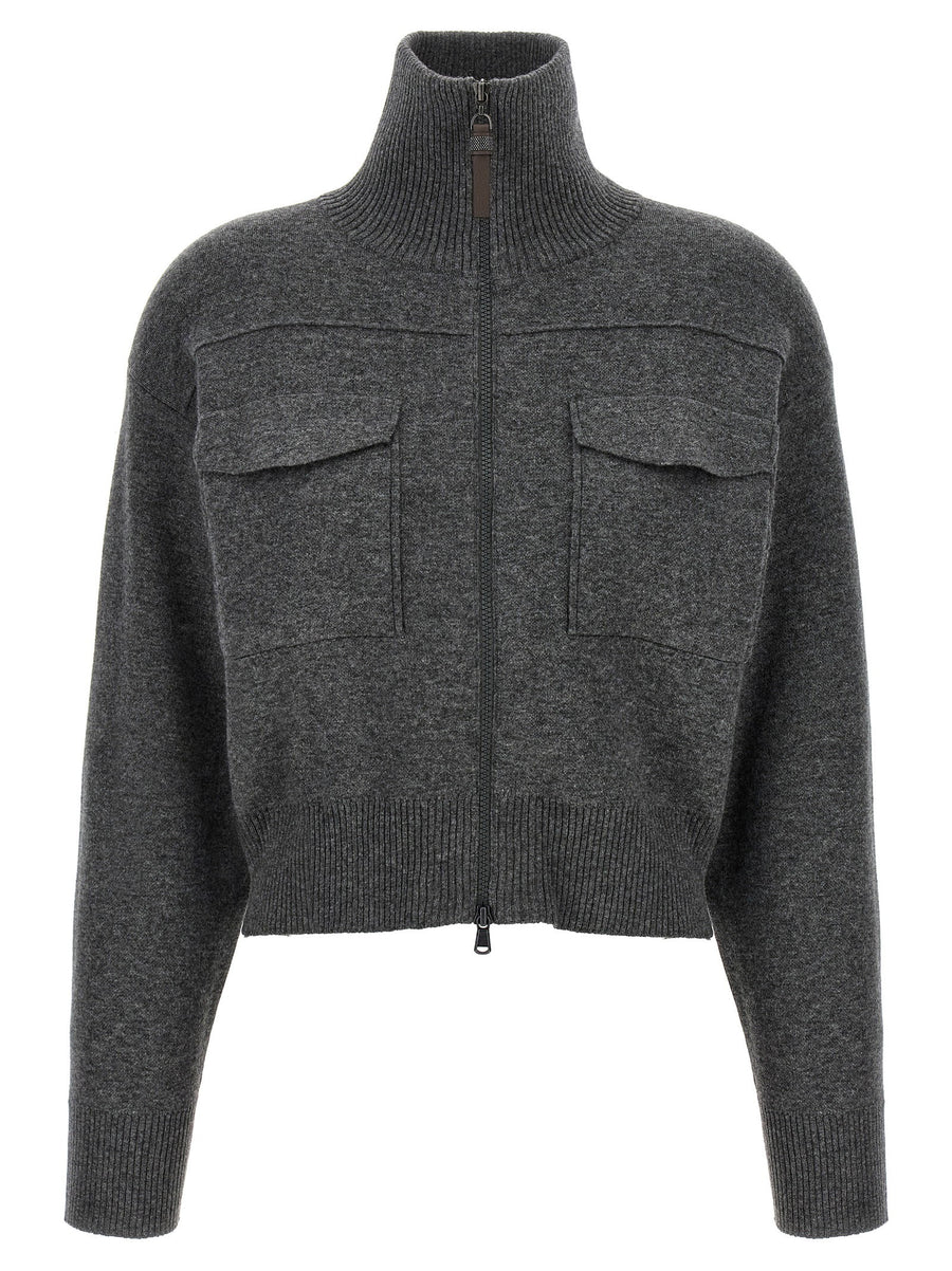 Brunello Cucinelli Wool Zip-Front Crop Cardigan — Charcoal