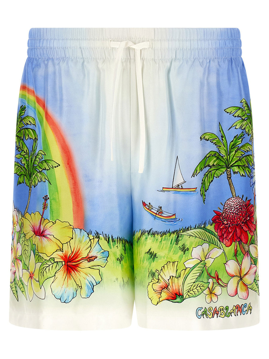 Casablanca Tropical Print Silk Twill Bermuda Shorts — Blue