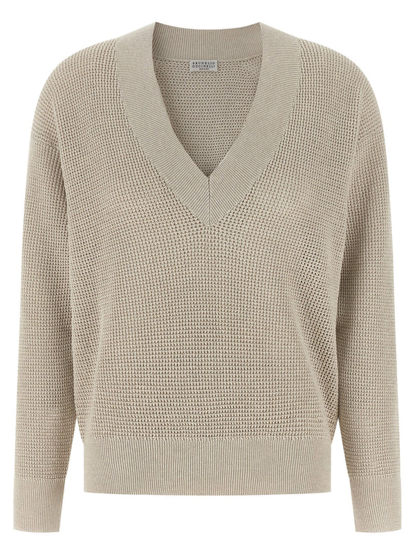 كارديغان Brunello Cucinelli بتصميم مخرم قطن مزيج كنزة — بيج