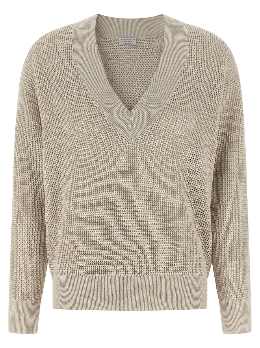 Brunello Cucinelli Openwork Cotton Blend Sweater — Beige