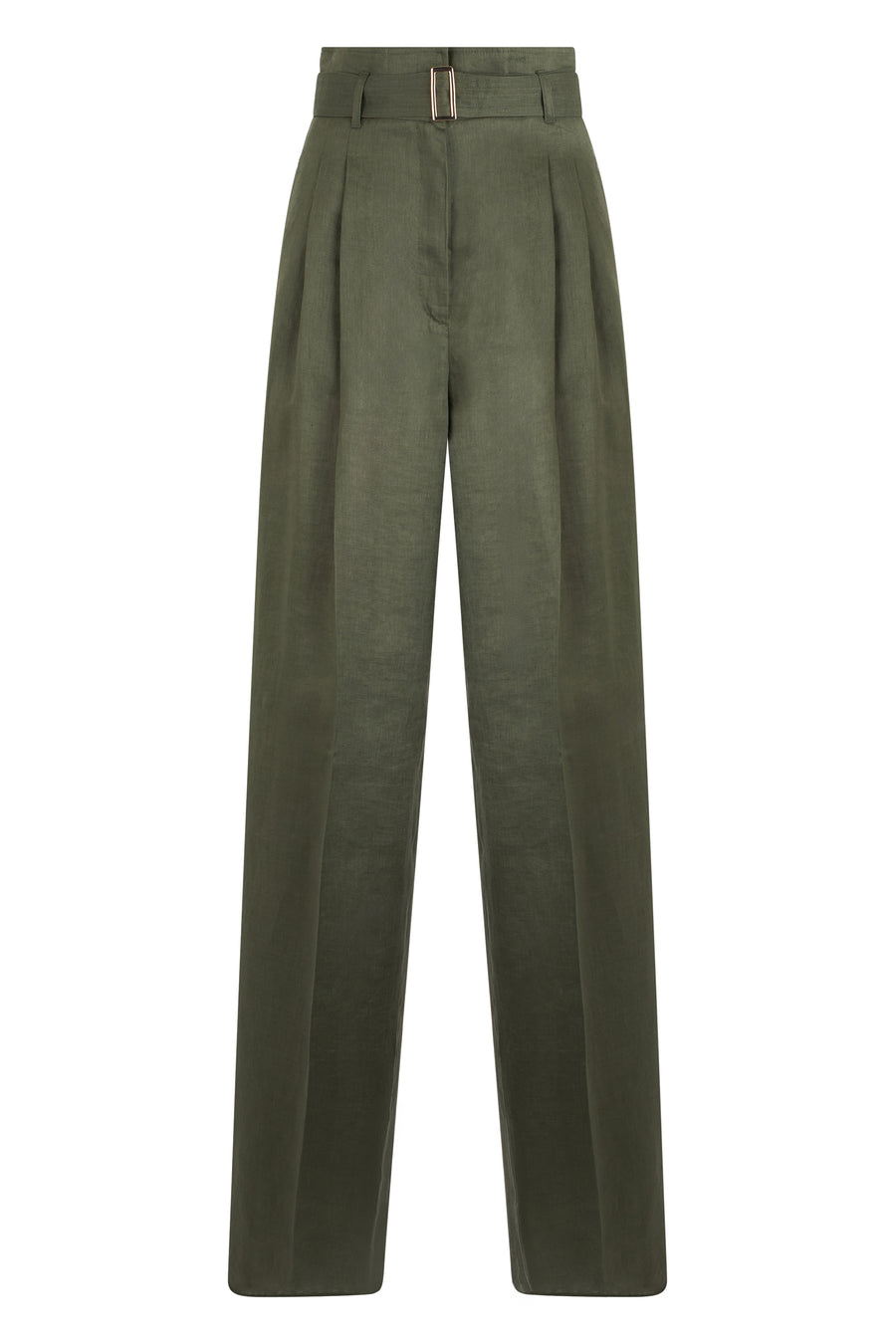 High-Waisted Straight-Leg Linen Trousers Khaki Green Straight