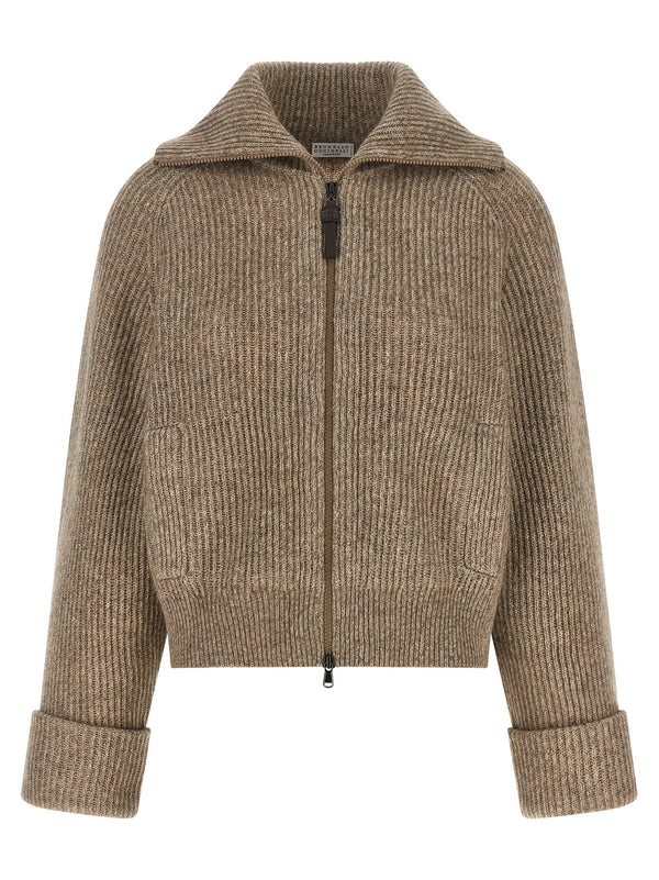 Brunello Cucinelli Shiny Zipper Pull Cardigan