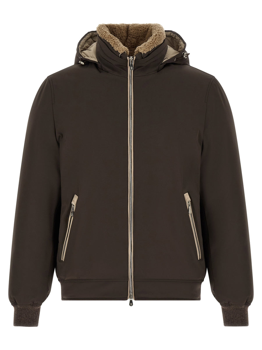 Brunello Cucinelli Detachable Shearling-Lined Hood Down Jacket — Brown