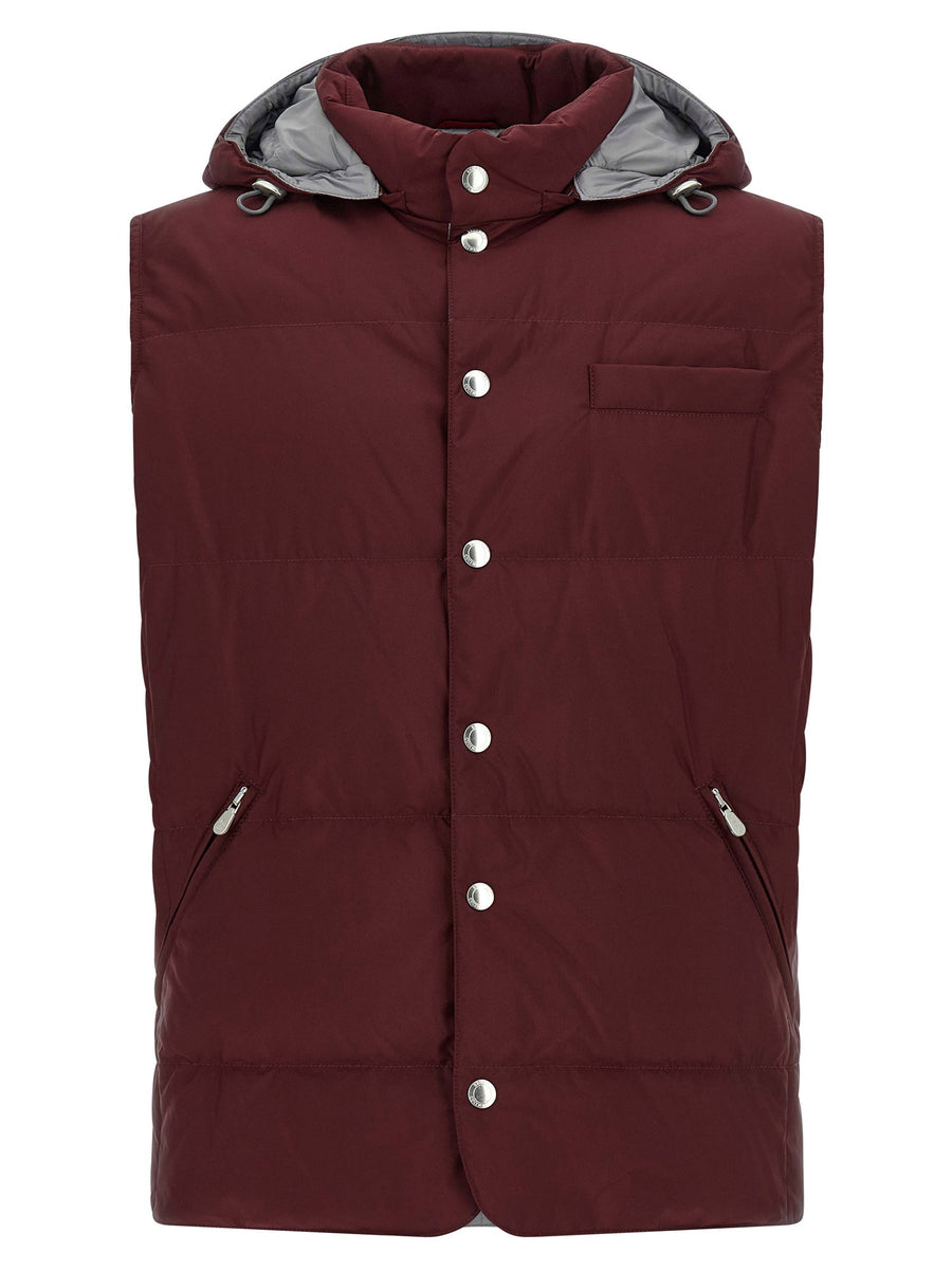 Brunello Cucinelli Quilted Goose Feather Vest — Burgundy