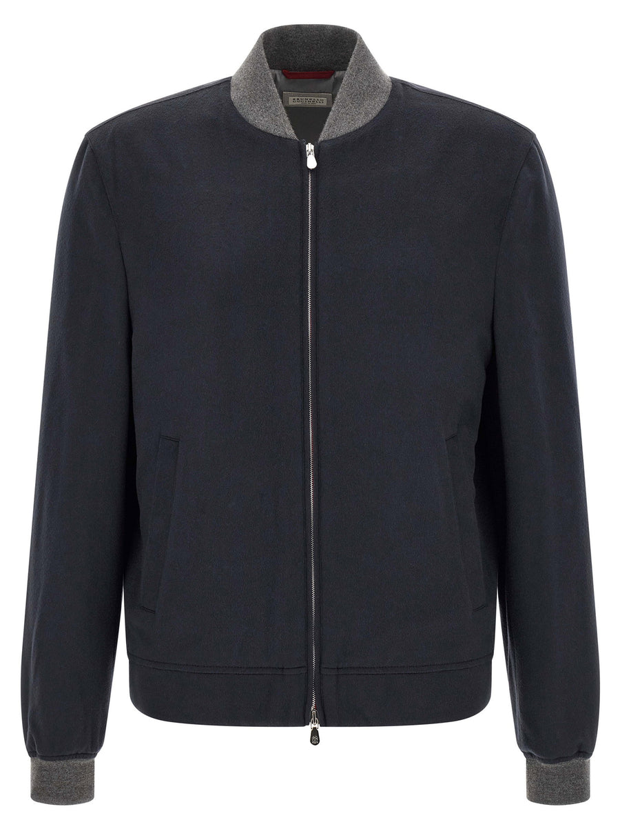 Brunello Cucinelli Cashmere Bomber with Knit Collar Jacket — Navy