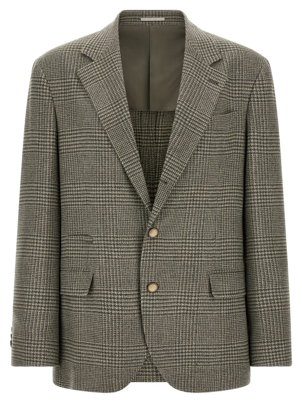 Brunello Cucinelli معطف برنس أوف ويلز صوف-كشمير بليزر — أخضر