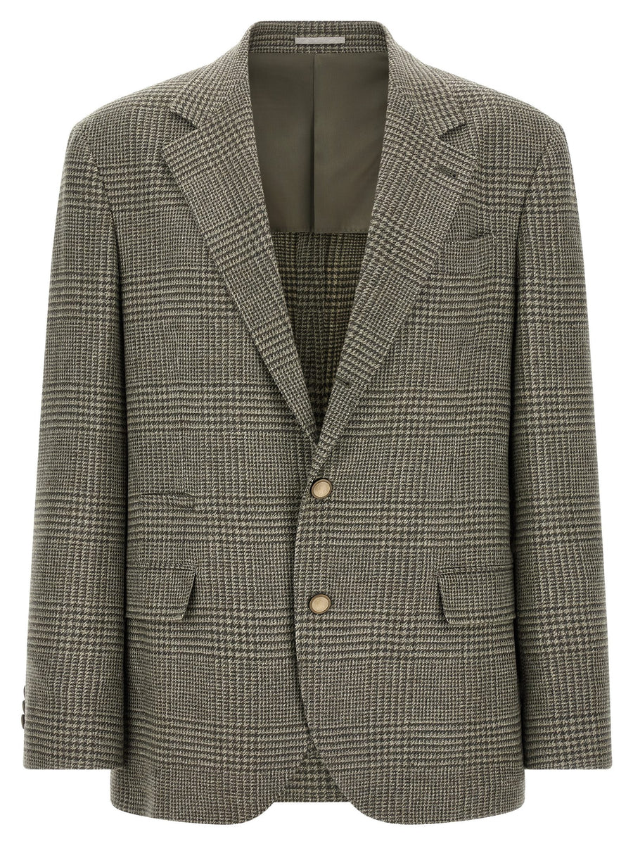 Brunello Cucinelli Prince of Wales Wool-Cashmere Blazer — Green