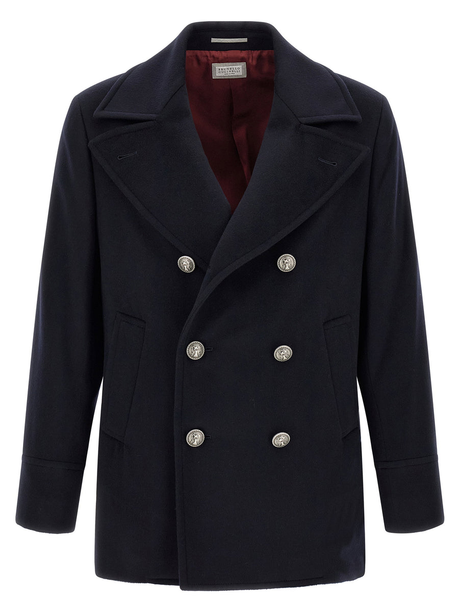 Brunello Cucinelli Double-Breasted Wool Peacoat Coat — Navy