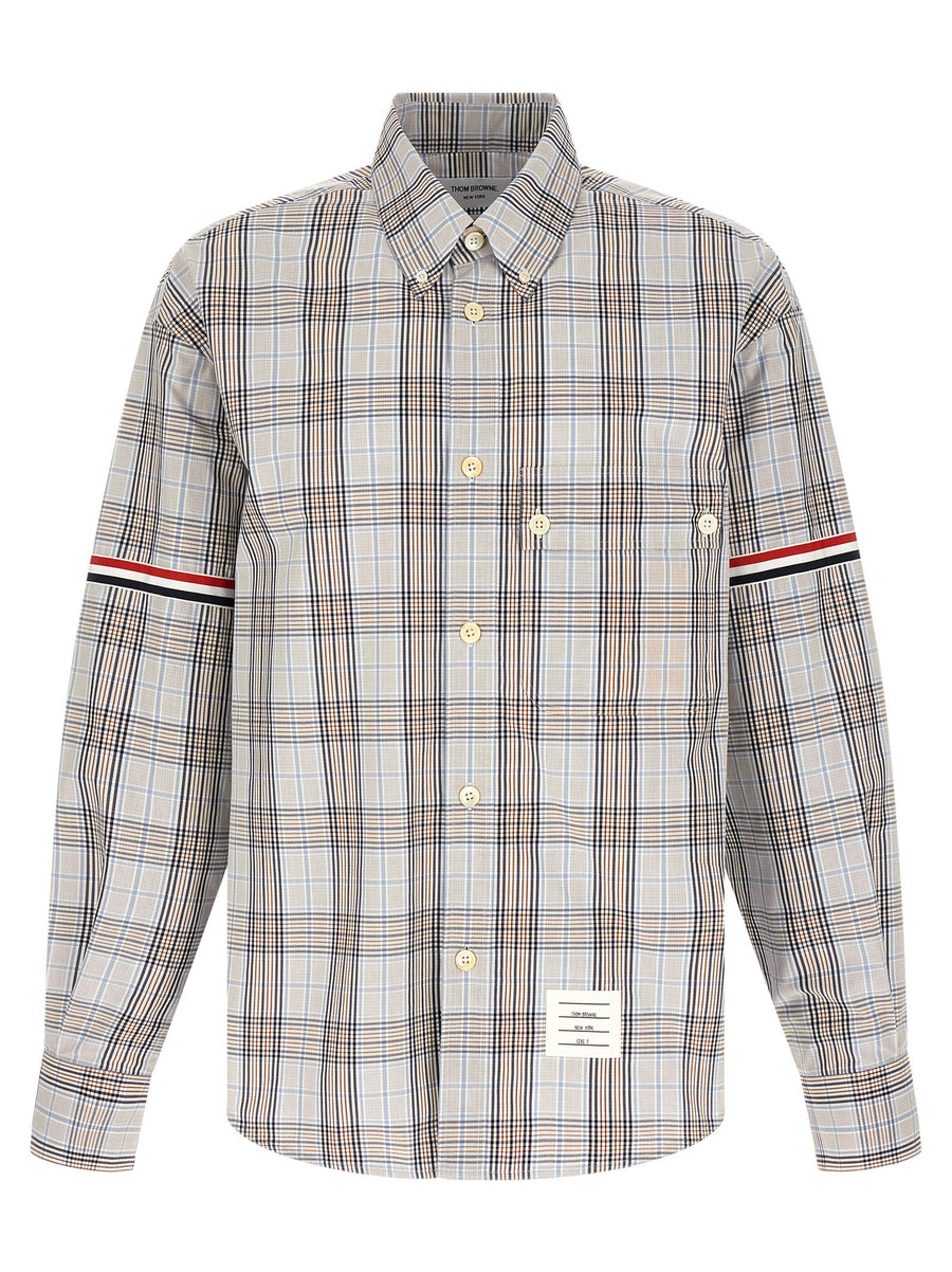 Thom Browne Plaid Cotton Poplin with RWB Grosgrain Bands Shirt — Gray