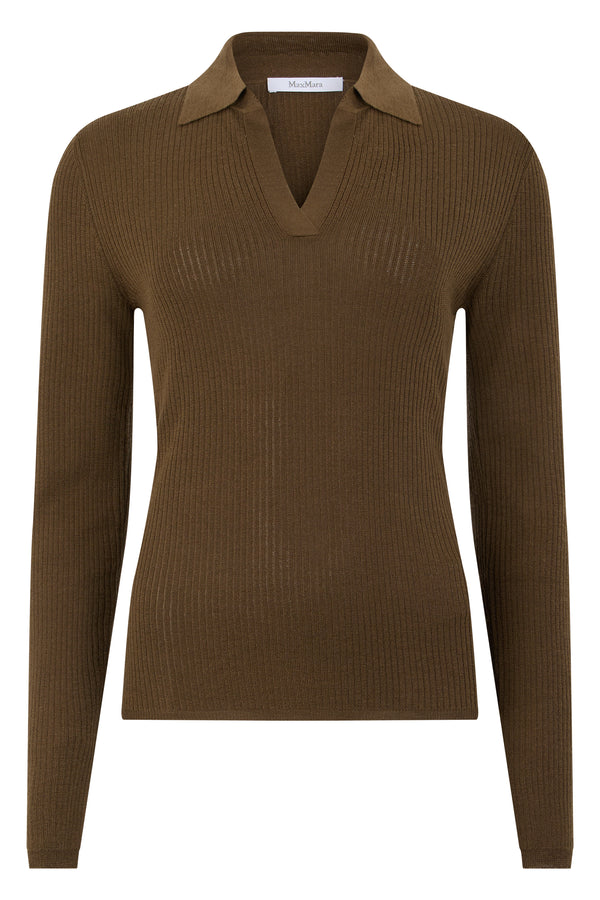 Long Sleeve Polo Dark Khaki Silk Tops