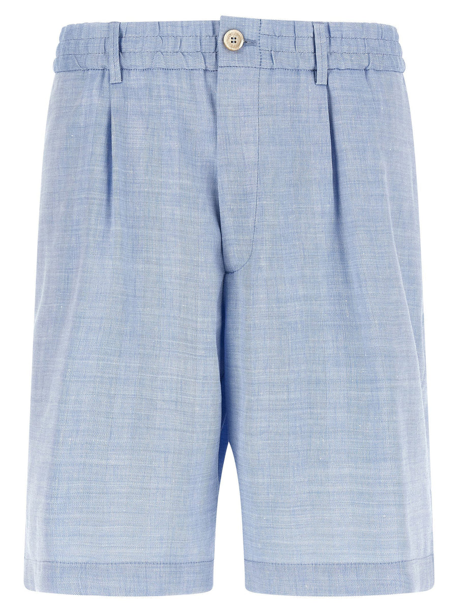 Brunello Cucinelli Chevron Linen-Wool Blend Bermuda Shorts — Blue