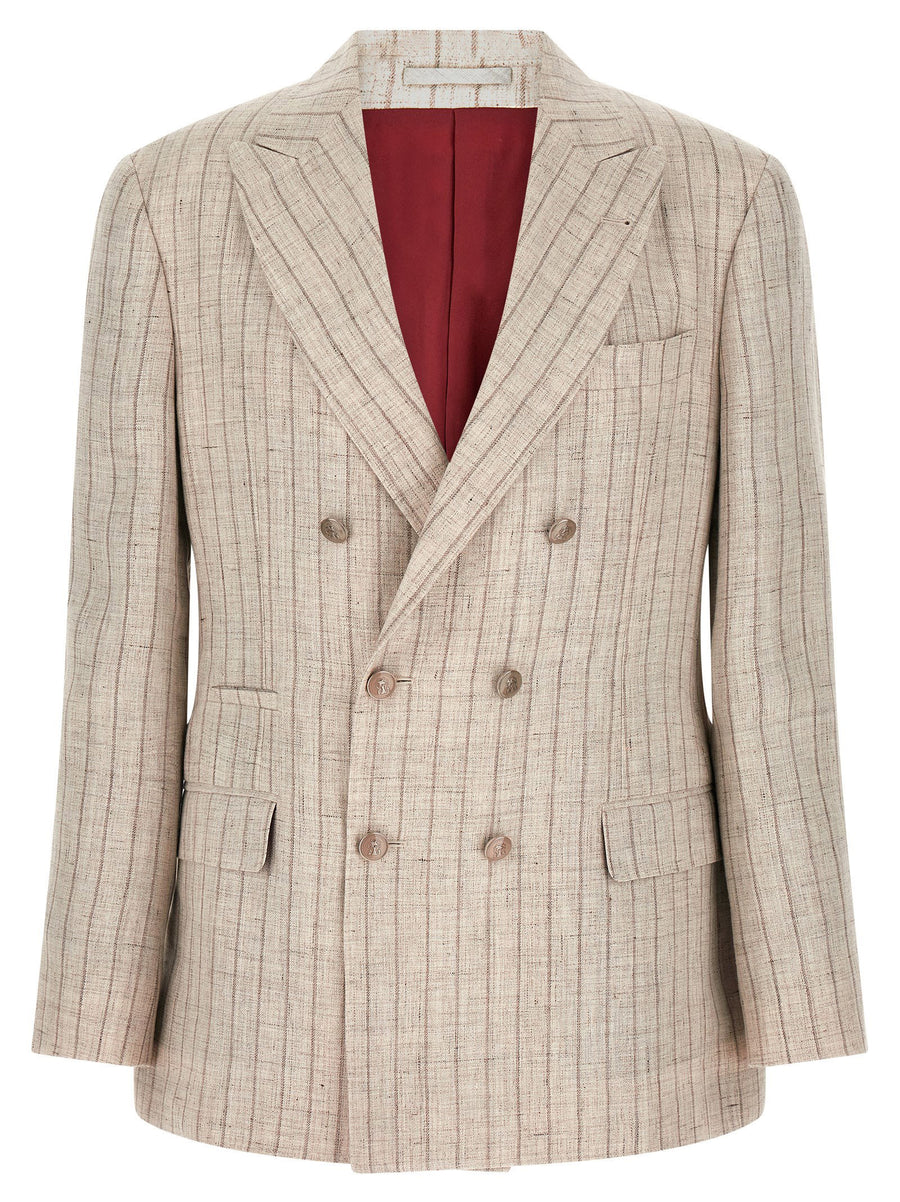 Brunello Cucinelli Pinstriped Linen Twill Blazer — Beige