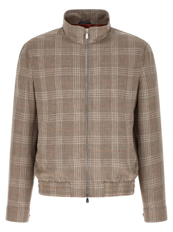 Brunello Cucinelli وشاح تارتان صوف مزيج جاكيت — بيج