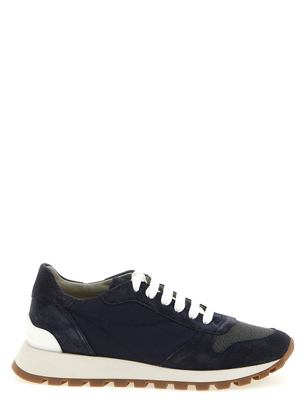 Brunello Cucinelli Suede-Techno Mixed-Media Sneaker — Navy