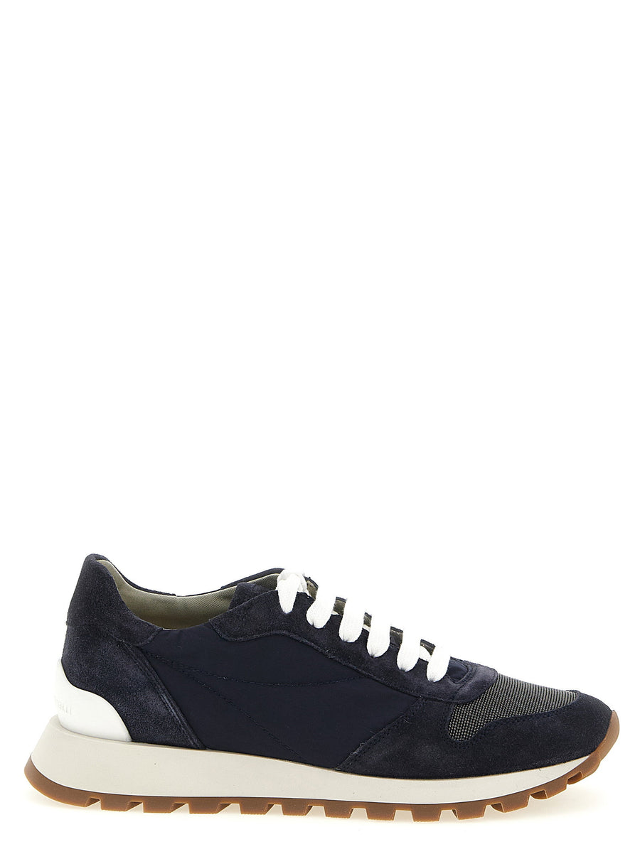 Brunello Cucinelli Suede-Techno Mixed-Media Sneaker — Navy