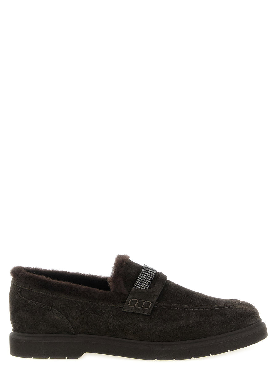 Brunello Cucinelli Shearling-Lined Suede Loafer — Brown