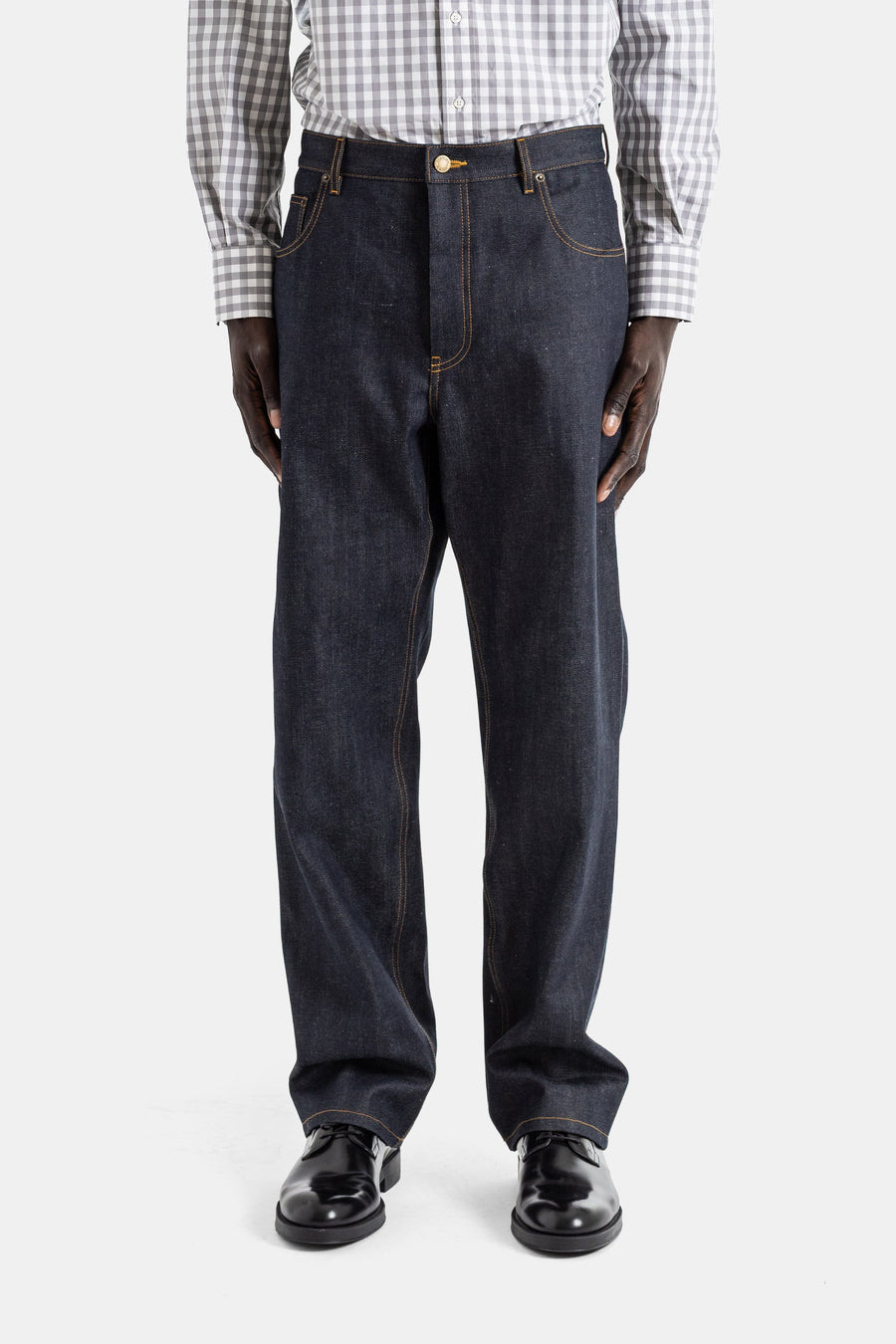 Thom Browne 13.75 oz raw indigo Japanese selvedge denim jeans in navy — view 2