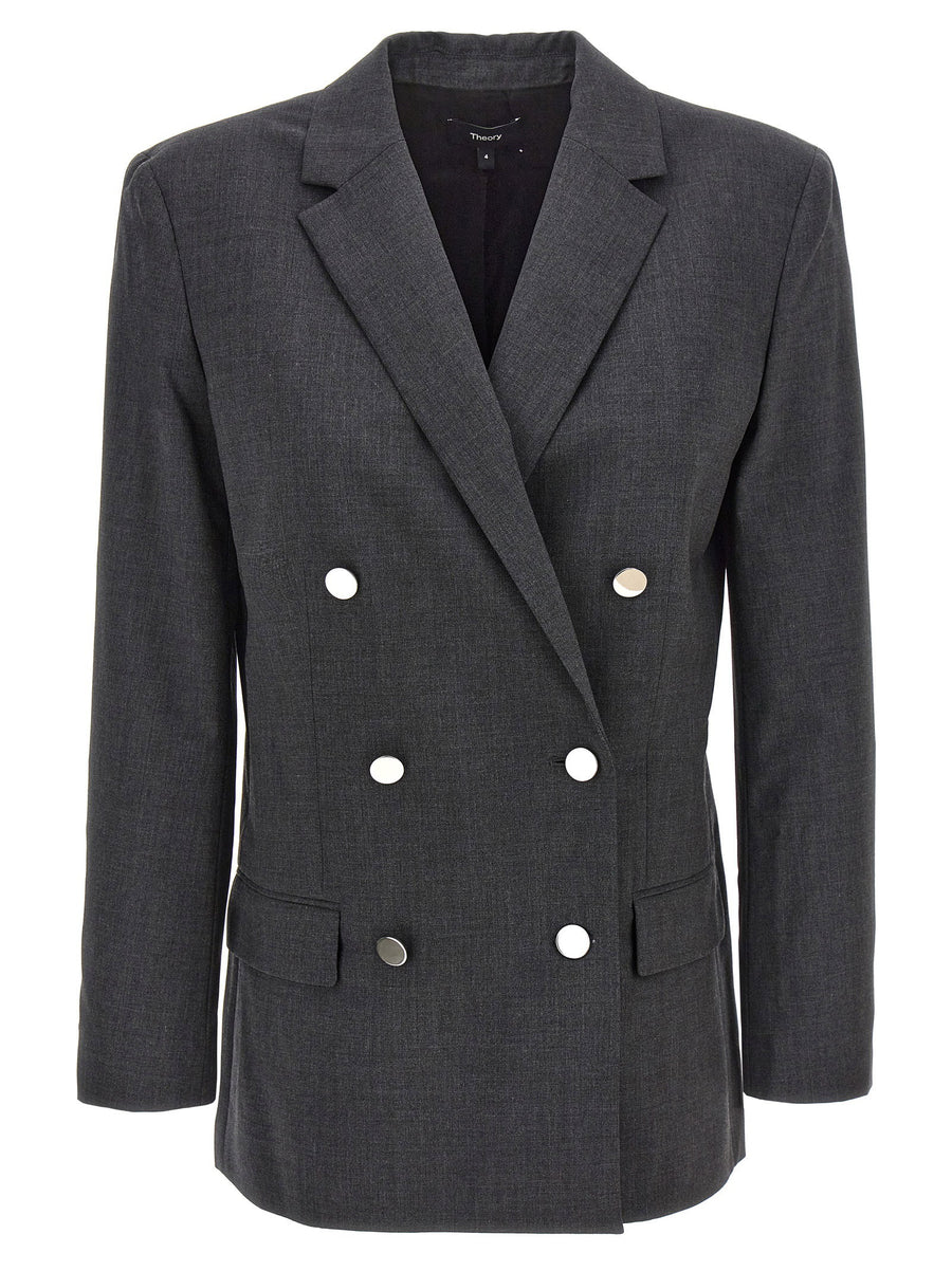 Theory Double-Breasted Wool Blazer — Charcoal