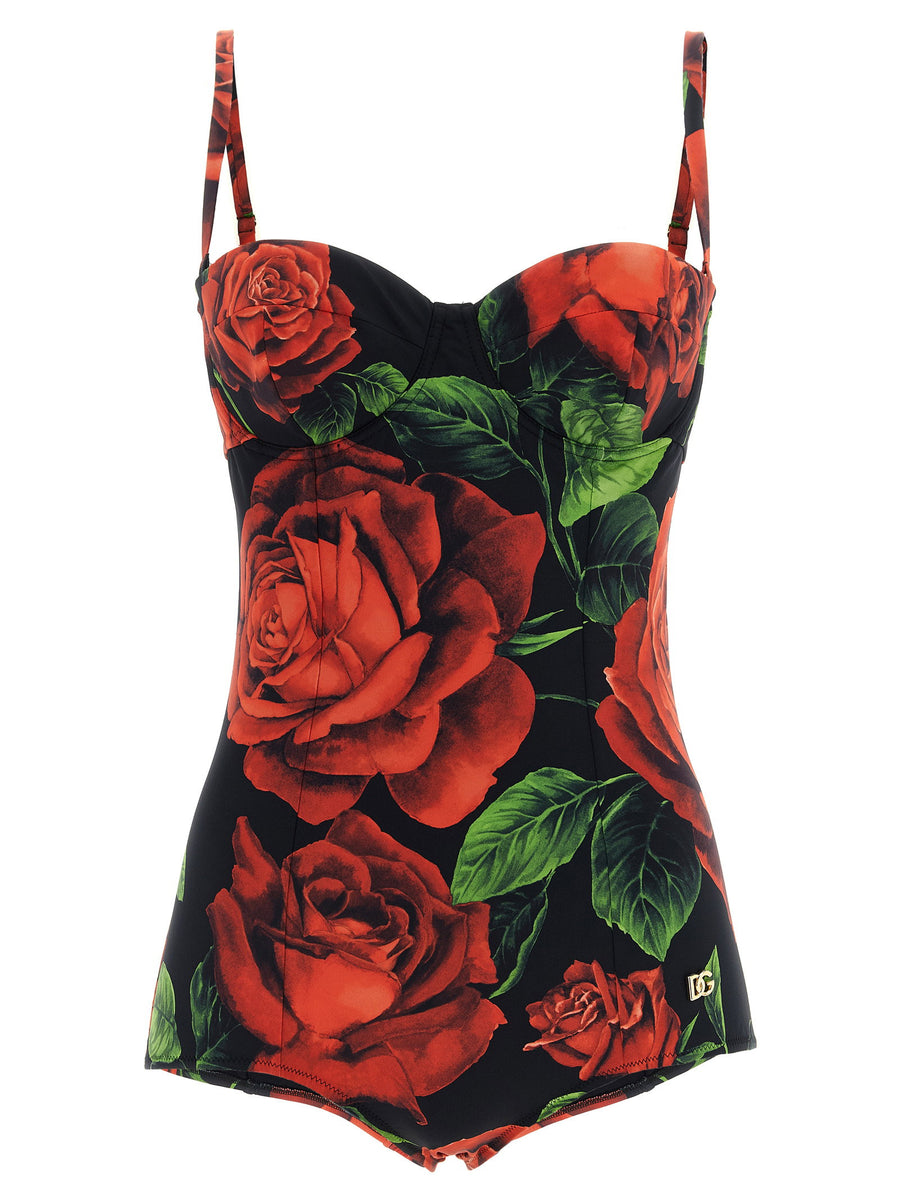 Dolce & Gabbana Rose-Print Balcony One-Piece Swimsuit — Black