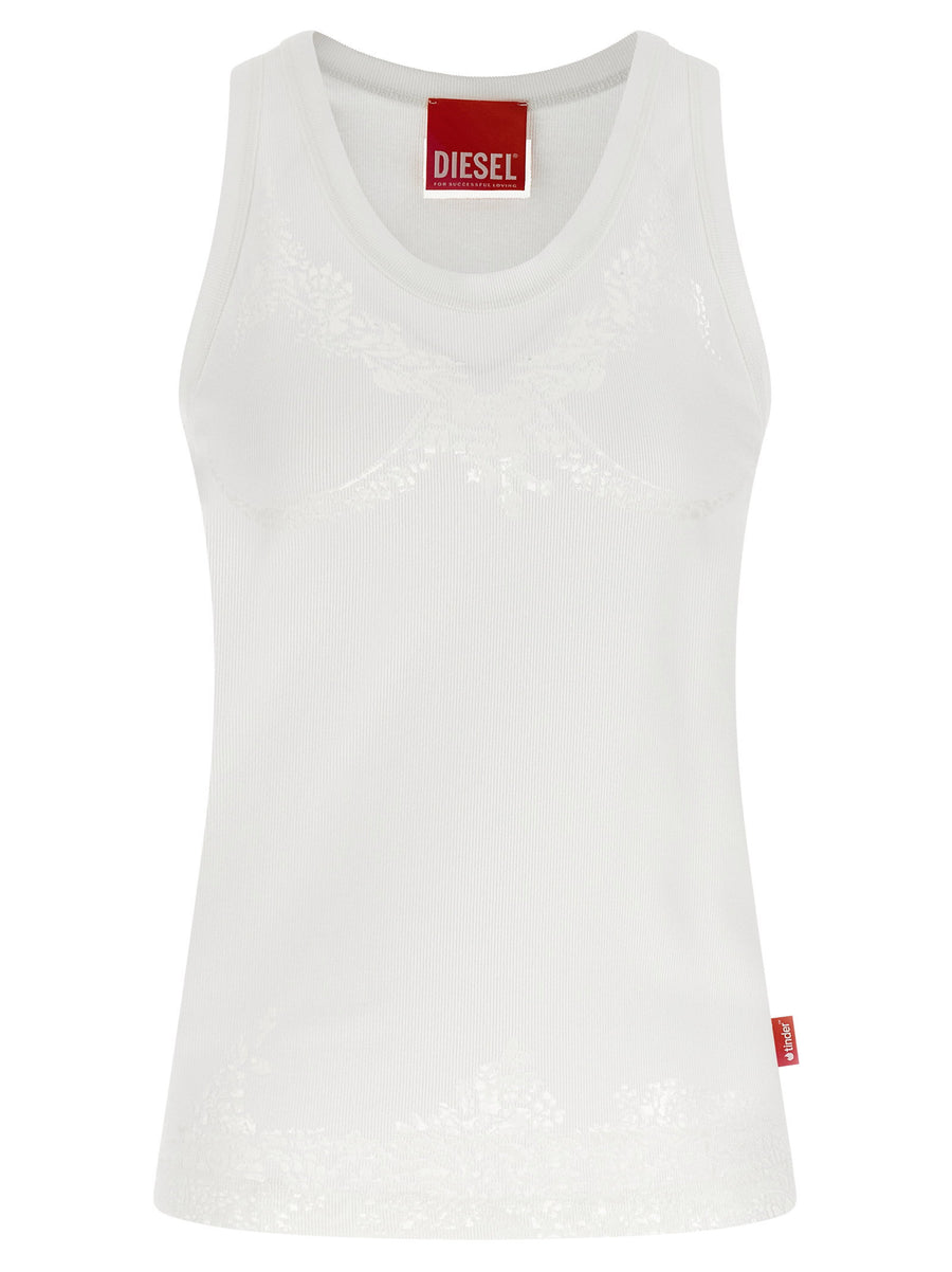 Diesel Lace Ribbed Cotton Tank Top — White