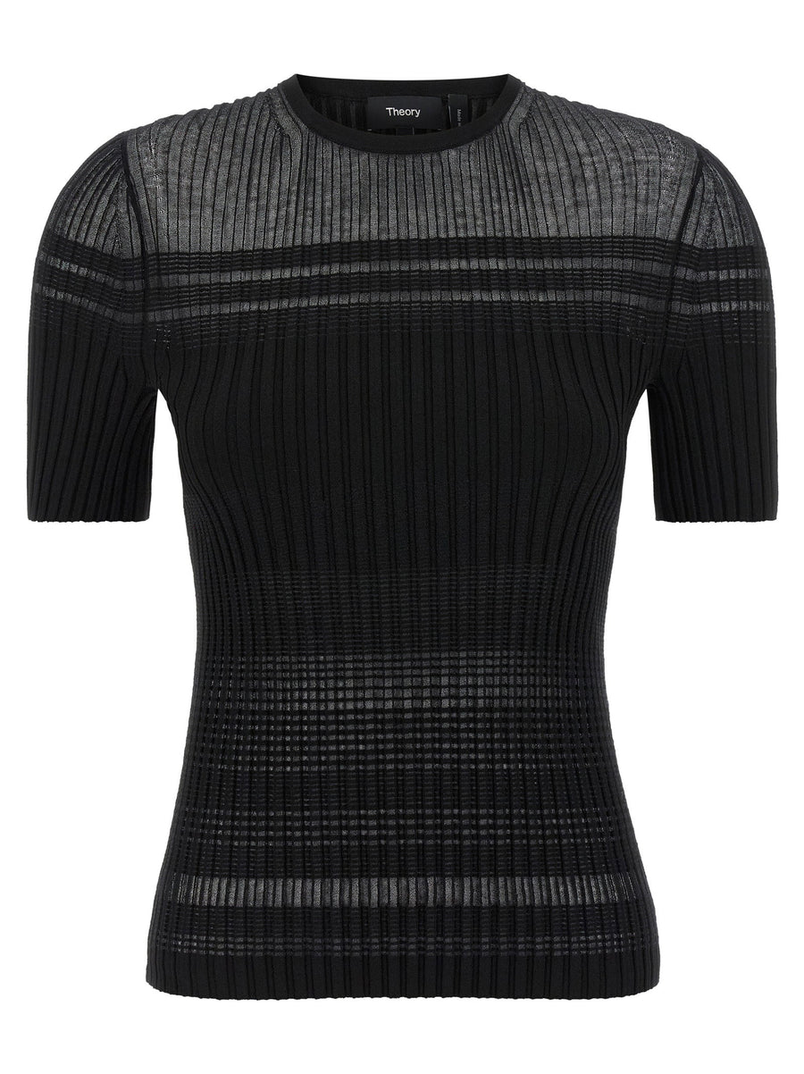 Theory Ribbed Viscose-Cotton Blend T-shirt — Black