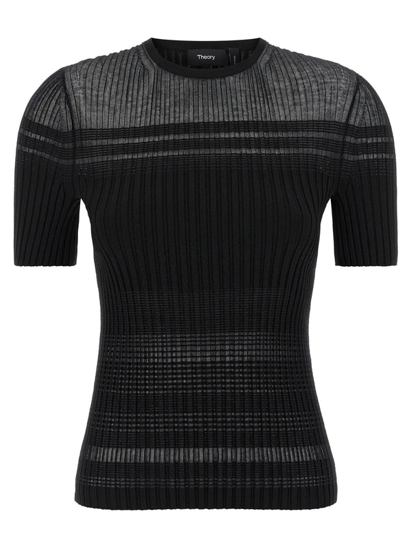 Theory Ribbed Viscose-Cotton Blend T-shirt — Black