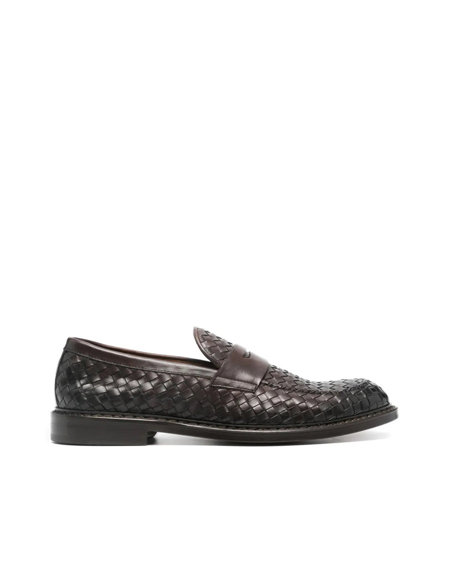 Woven Calf Leather Moccasin Dark Brown Straw/dark Shoe