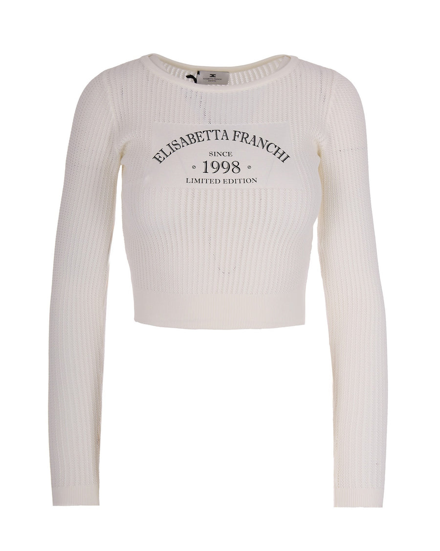 Knit Top Logo Print Ivory Viscose Jumpers
