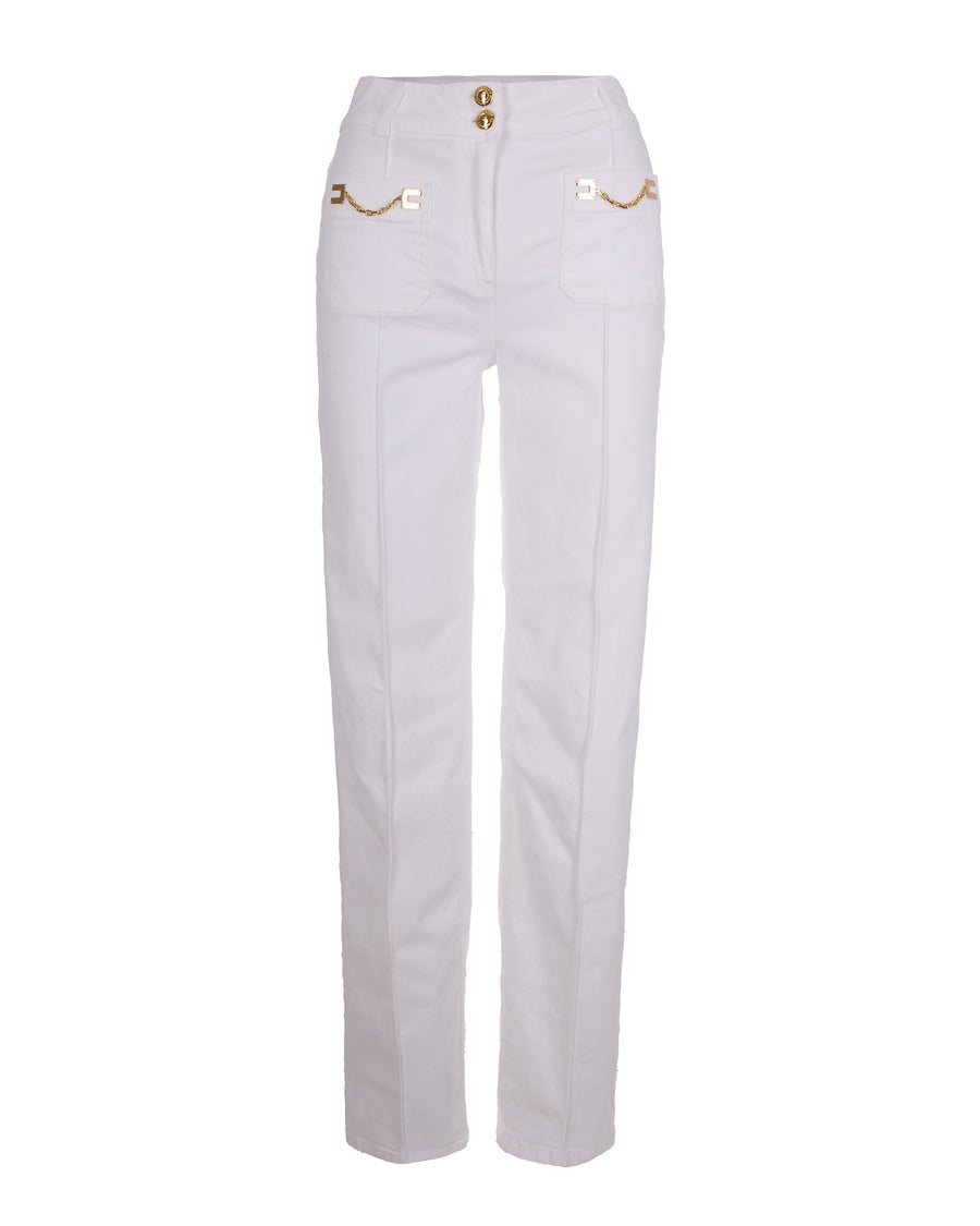 Jeans With Logo Detail Ivory Cotton Elastane Trousers