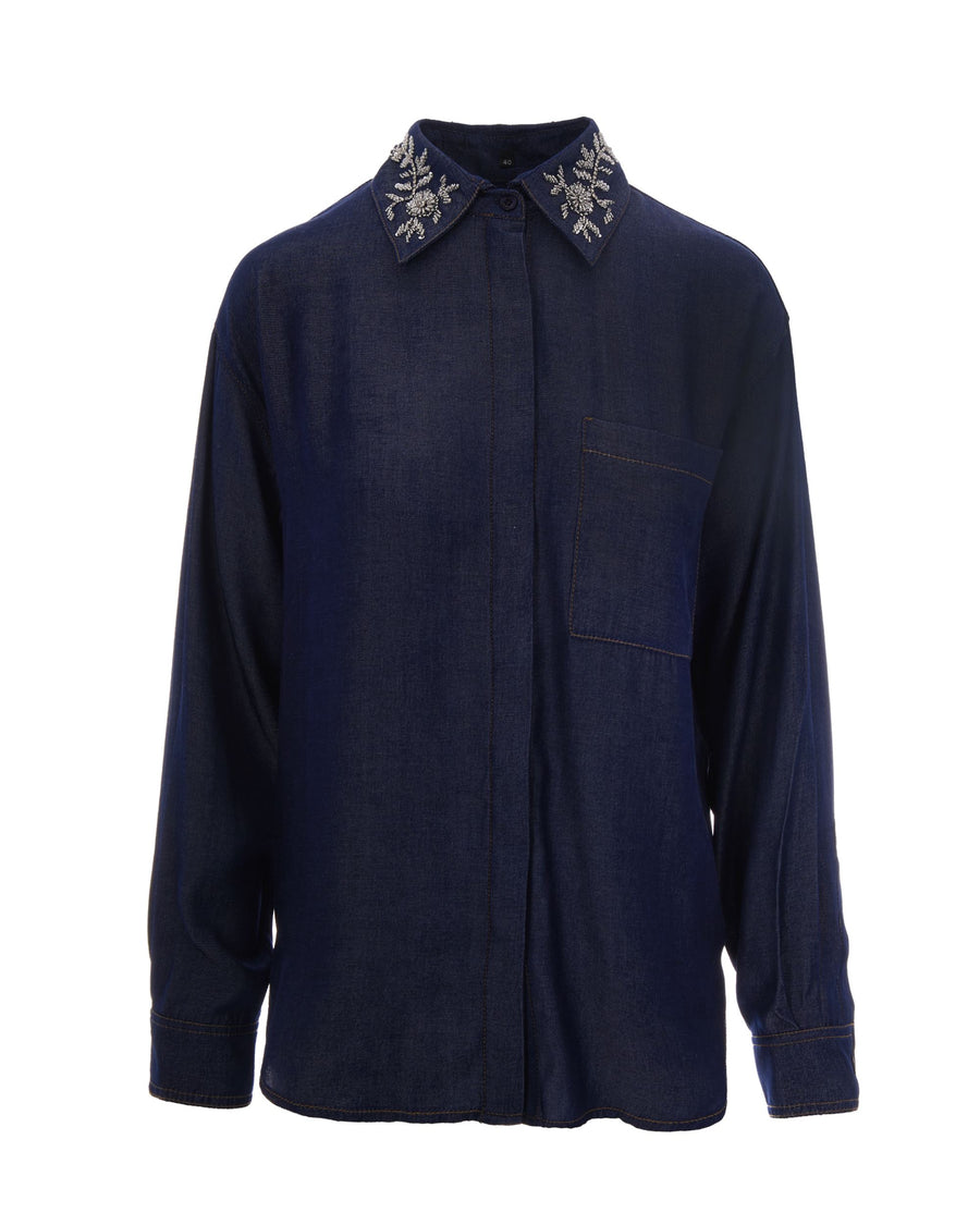 Shirt With Removable Floral Collar, Chambray Blue Polyester