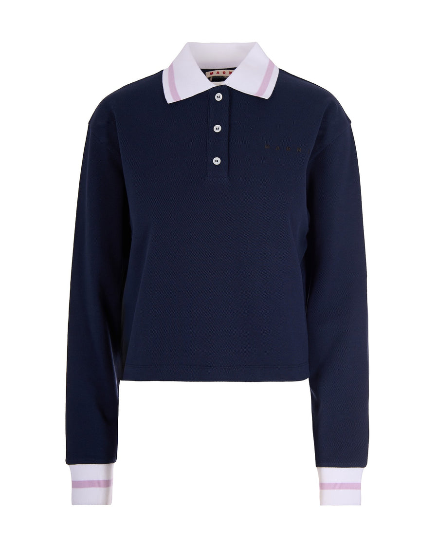 Long-Sleeve Polo Dark Blue Cotton Knit Tops