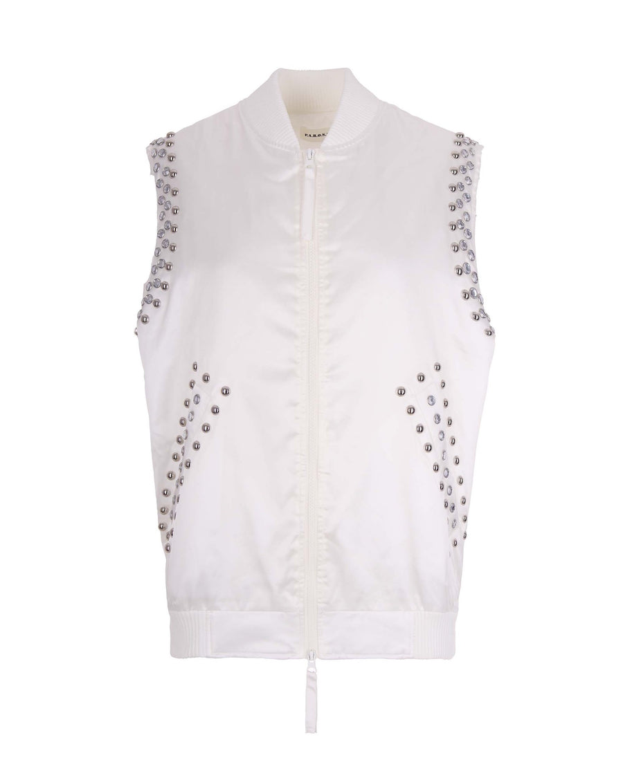 Sleeveless Bomber Gilet With Studs, Cream Polyamide Jacket